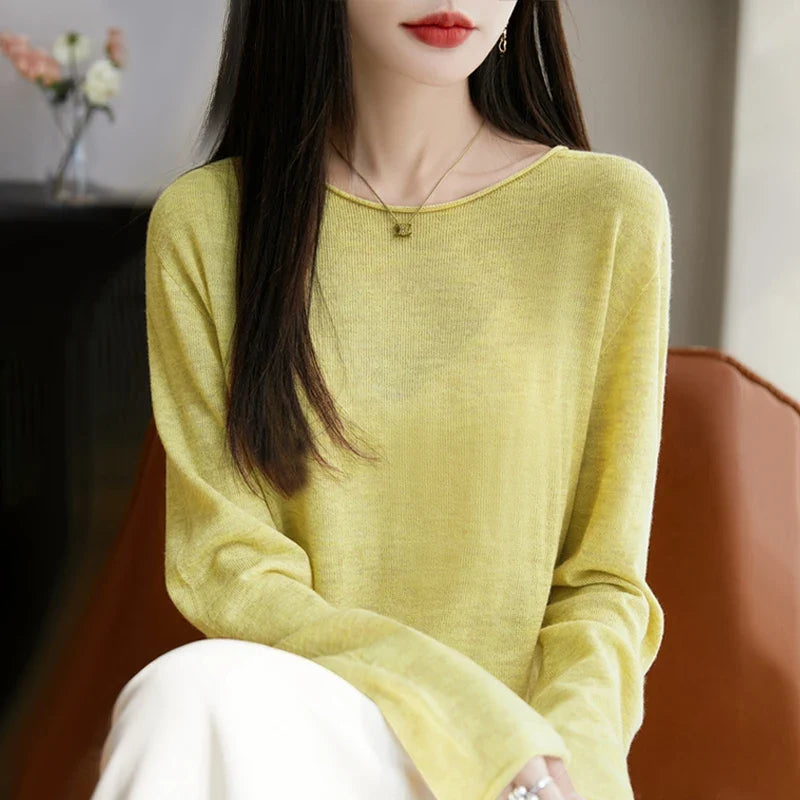 Suéter de manga larga para mujer con cuello redondo, tejido fino y diseño básico