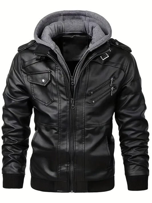 Bomber à capuche pour homme en similicuir, veste biker décontractée