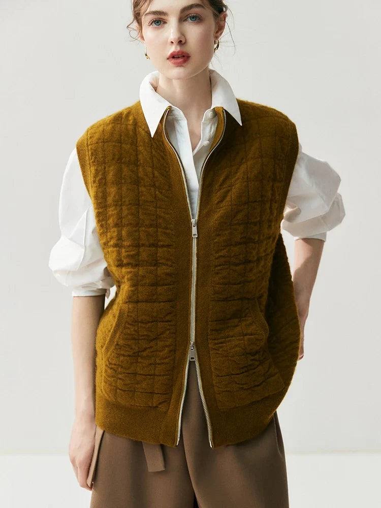 Gilet matelassé en maille pour femme avec fermeture éclair, col montant, crème