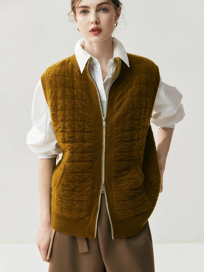 Gilet matelassé en maille pour femme avec fermeture éclair, col montant, crème