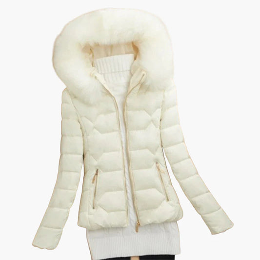 Dames winter gewatteerd jack met capuchon en bontkraag – Modieuze outdoor mantel