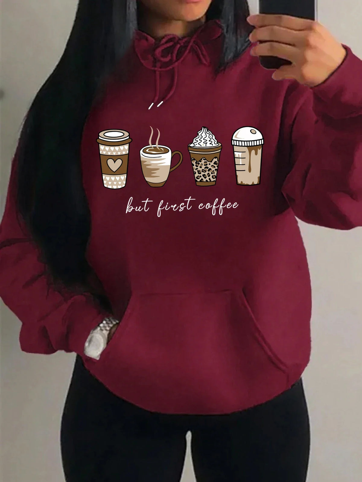 Damen Hoodie mit Kaffeebecher-Print "but first coffee" und Kängurutasche