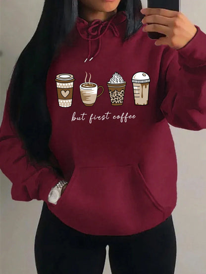 Damen Hoodie mit Kaffeebecher-Print "but first coffee" und Kängurutasche
