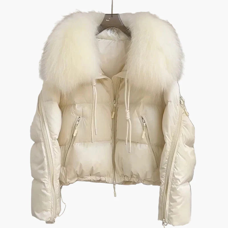 Giacca invernale imbottita da donna con cappuccio e lussuoso collo in pelliccia – giacca corta elegante per giornate fredde