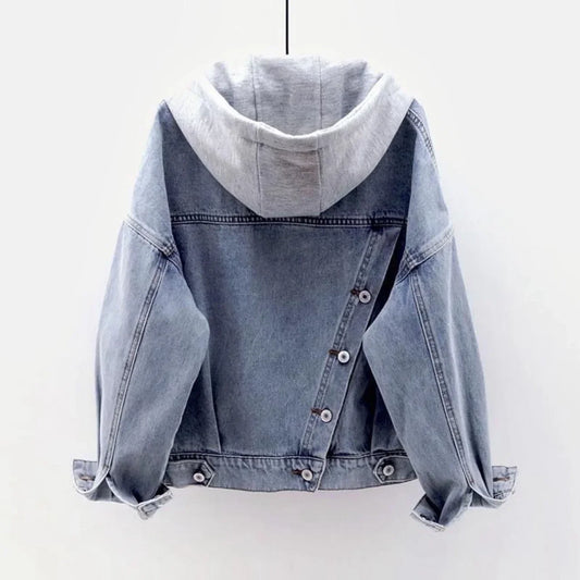 Ljusblå oversized-jeansjacka för damer med grå huva