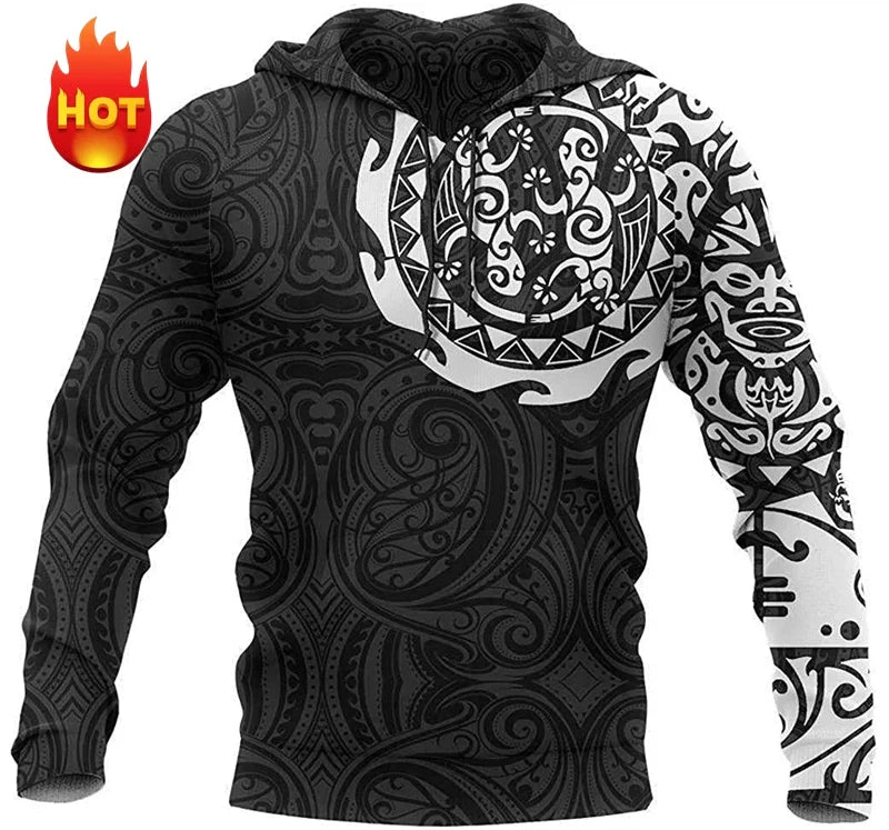Sudadera de manga larga con capucha y motivo de estampado maorí