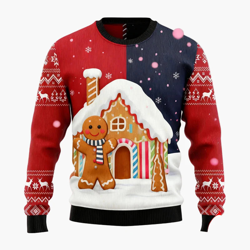 Pull de Noël pour homme avec bonhomme en pain d’épices, maison en pain d’épices et sapin – Pull moche festif et amusant