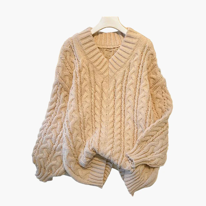 Jersey de punto para mujer con patrón de trenzas y escote en V – Look casual de otoño-invierno