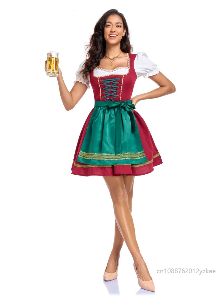 Dirndl da donna rosso e verde, camicetta tirolese e grembiule