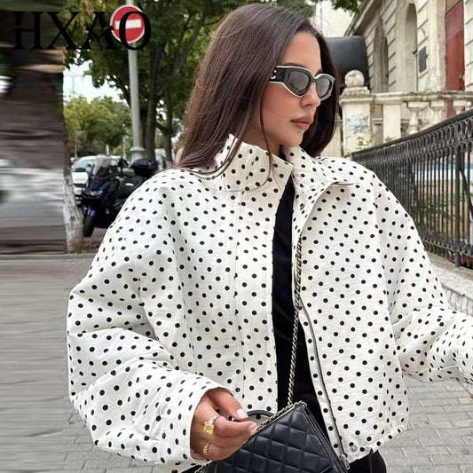 Veste courte à pois pour femme avec col montant et fermeture éclair