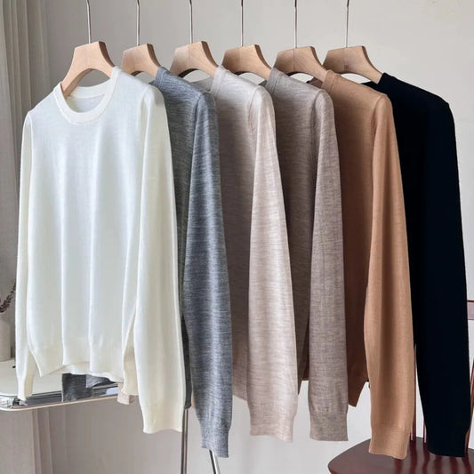 Pull unisexe à manches longues col rond en maille fine, modèle basique