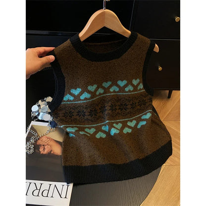 Damen Strickweste Jacquard Norweger-Muster Herz Schneeflocke Ärmellos Rundhals