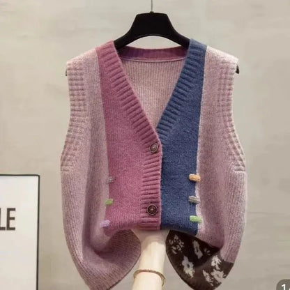 Gilet da donna in maglia con scollo a V, bordi a contrasto, con bottoni