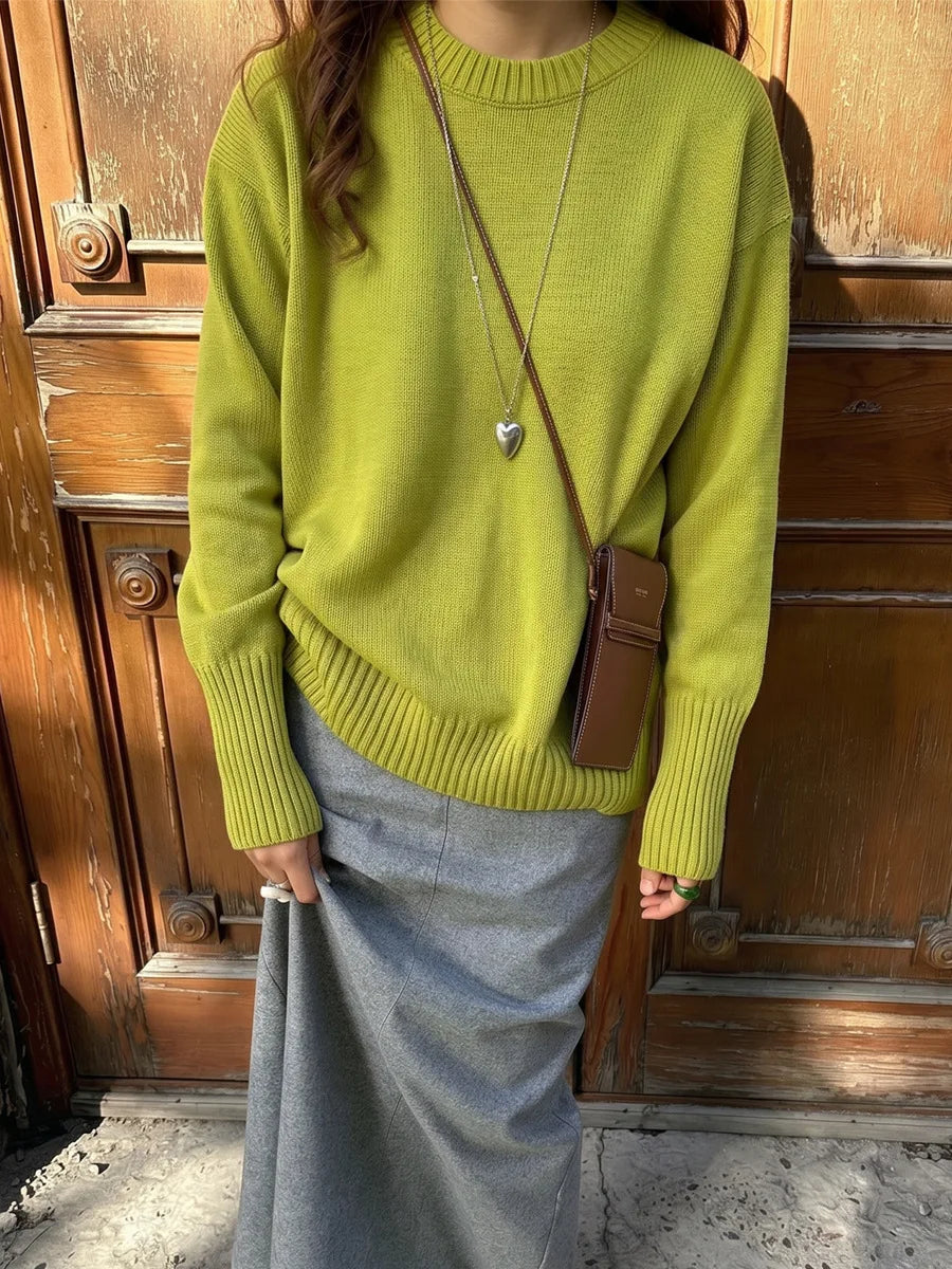 Damen Strickpullover Rundhalsausschnitt Oversize Langarm