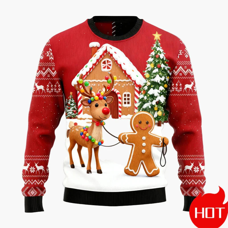 Pull de Noël pour homme avec bonhomme en pain d’épices, maison en pain d’épices et sapin – Pull moche festif et amusant