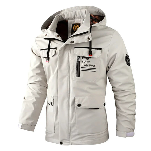 Herren Outdoor Jacke mit Kapuze und vielen Taschen, Weiß