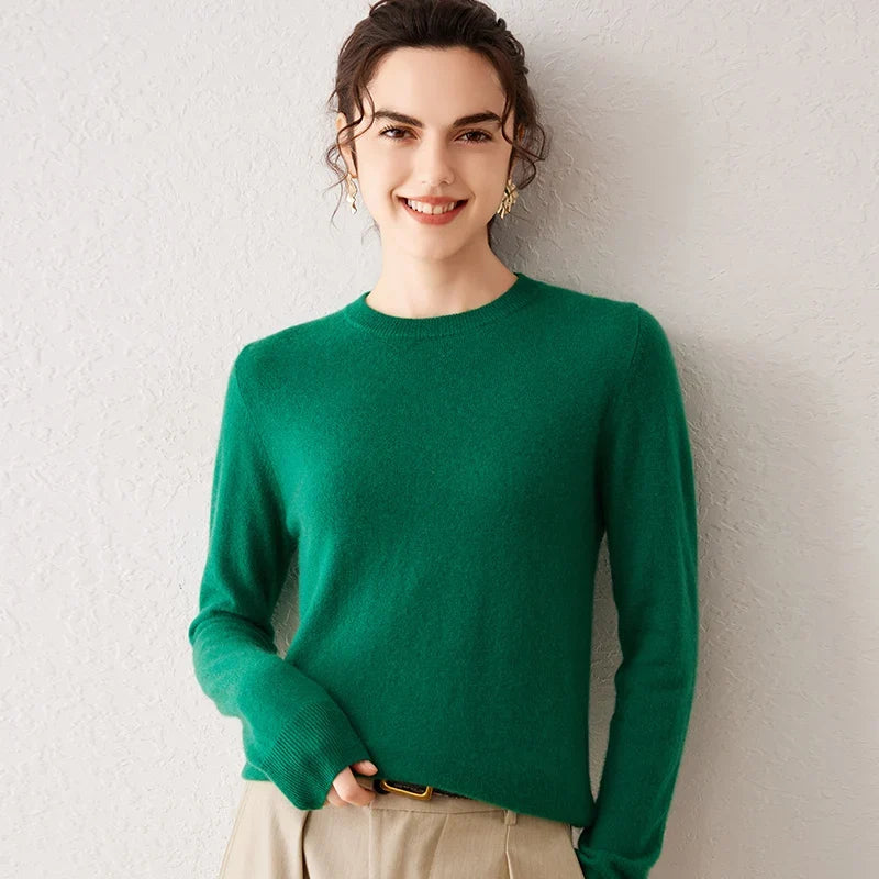Pull femme à col rond et manches longues, maille fine, basique