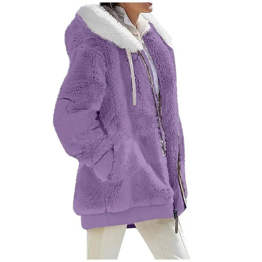 Veste en polaire pelucheuse femme à capuche et fermeture éclair, doublure chaude