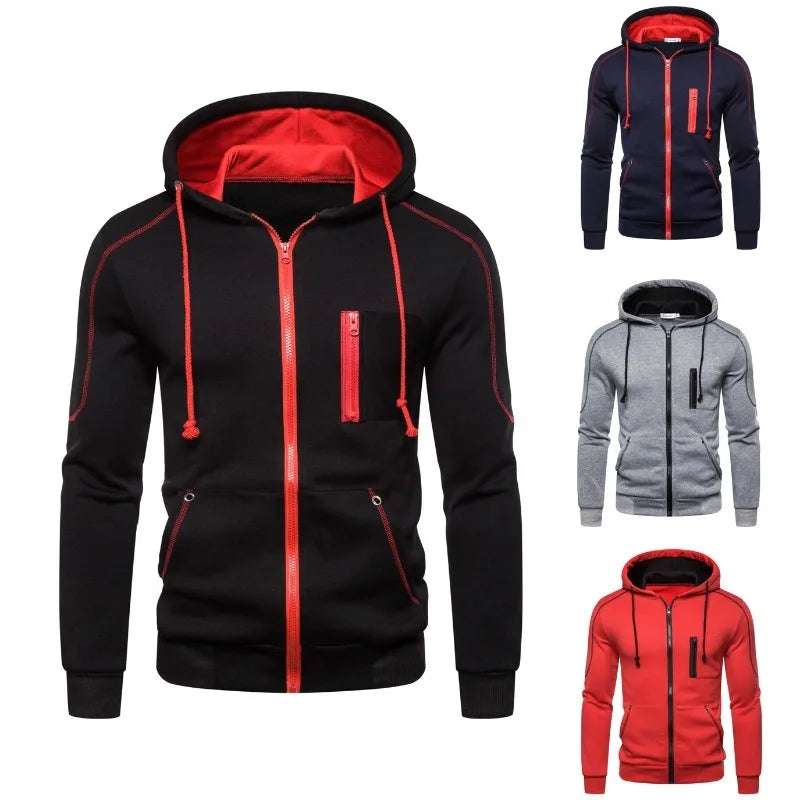 Herren Kapuzenjacke mit Reißverschluss, Kontrastfarben und Brusttasche