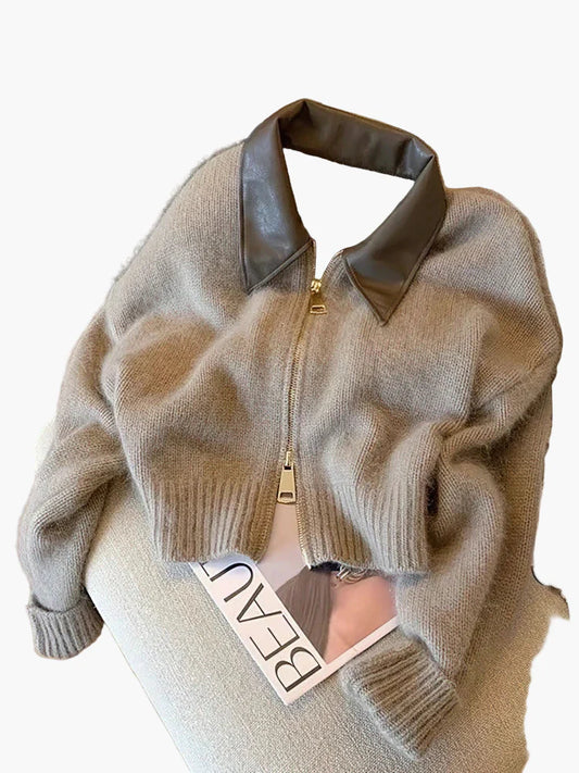 Dames Cropped Gebreid Vest met Rits en Opvallende Kraag – Modieuze Vrijetijdslook