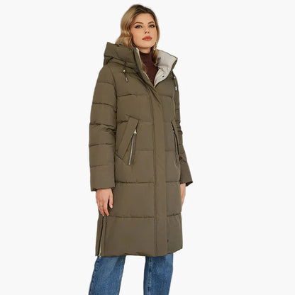 Dames winter gewatteerde mantel met capuchon – Lange, modieuze outdoor mantel voor koude dagen