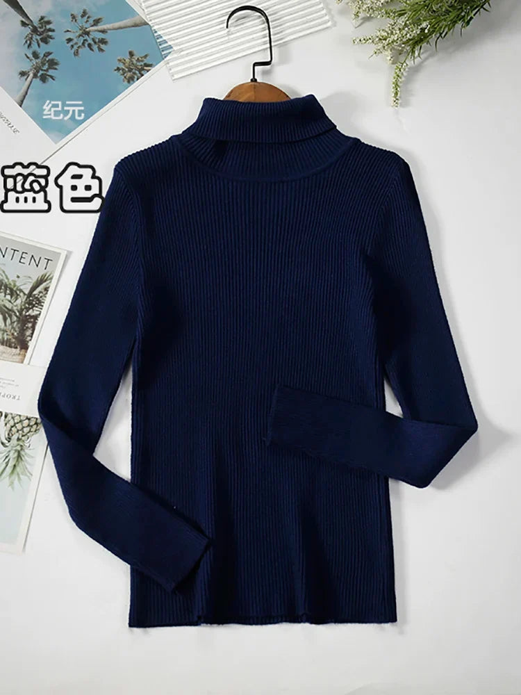 Damen Rollkragenpullover Rippstrick Langarm Eng Anliegend