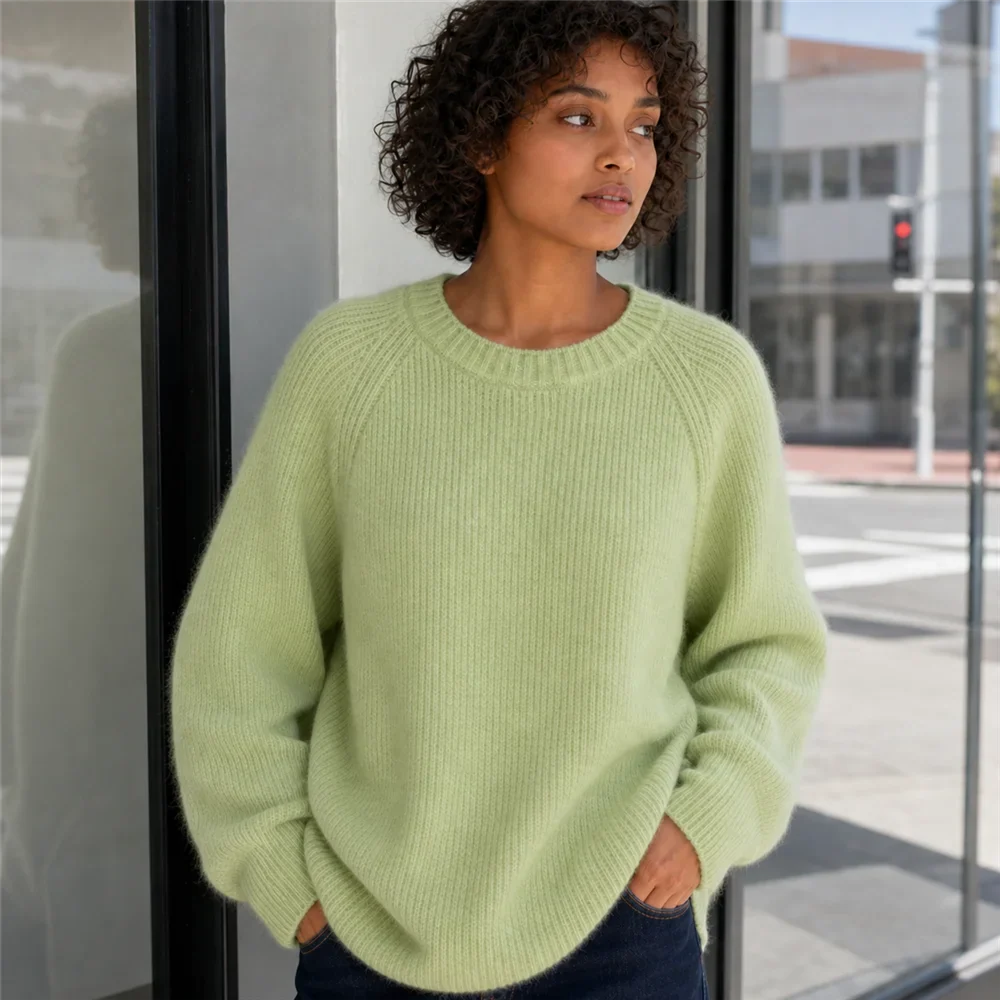 Maglione da donna a girocollo, maniche lunghe, in maglia a coste, giallo