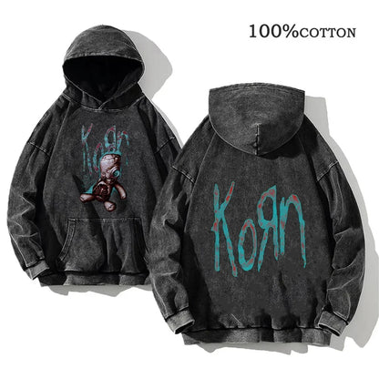 Unisex Kapuzenpullover Grau mit Band-Print & Kängurutasche