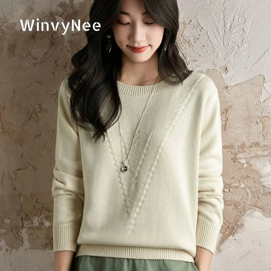 Damen Strickpullover Rundhals mit V-Muster Langarm