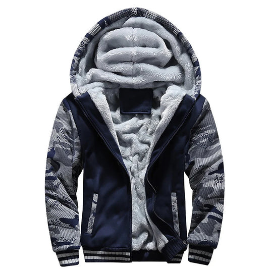 Herren Kapuzenjacke mit Reißverschluss und Plüschfutter in Marineblau mit Camo-Ärmeln