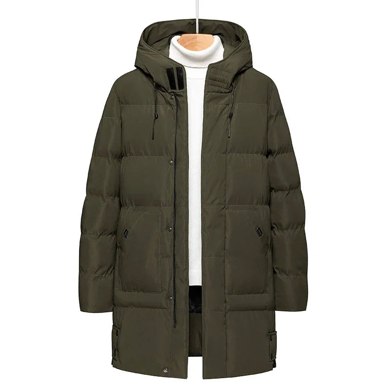 Herren Winter Steppmantel Lang mit Kapuze Olivgrün