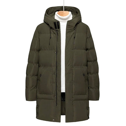Herren Winter Steppmantel Lang mit Kapuze Olivgrün