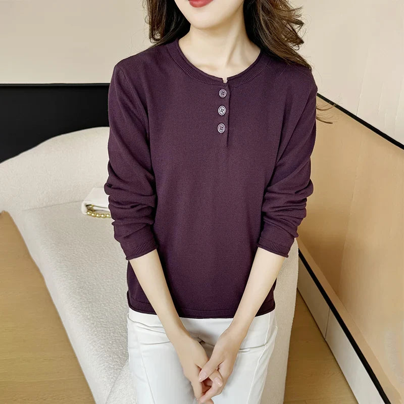 Damen Langarmshirt mit Knopfleiste, V-Ausschnitt, Feinstrick
