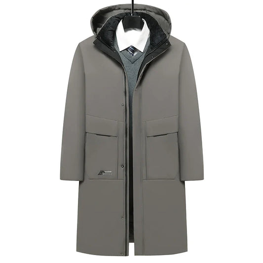 Langer Herren Wintermantel mit Kapuze – Warm & Winddicht – Grau