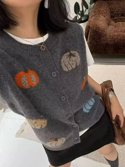 Damen Strickweste mit Kürbis-Motiven, ärmelloser Cardigan mit Knöpfen