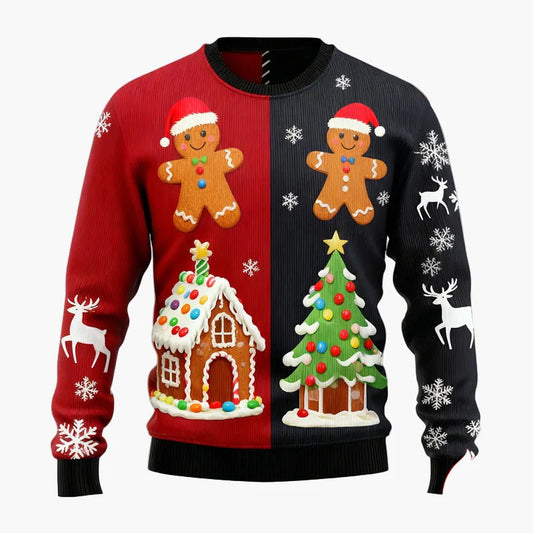 Suéter navideño para hombre con motivo de hombre de jengibre, casa de jengibre y árbol de Navidad – Divertido suéter feo de Navidad festivo