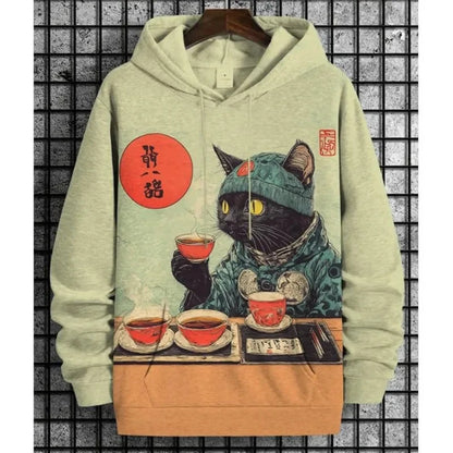 Unisex Kapuzenpullover mit Katzen-Motiv Print Kängurutasche
