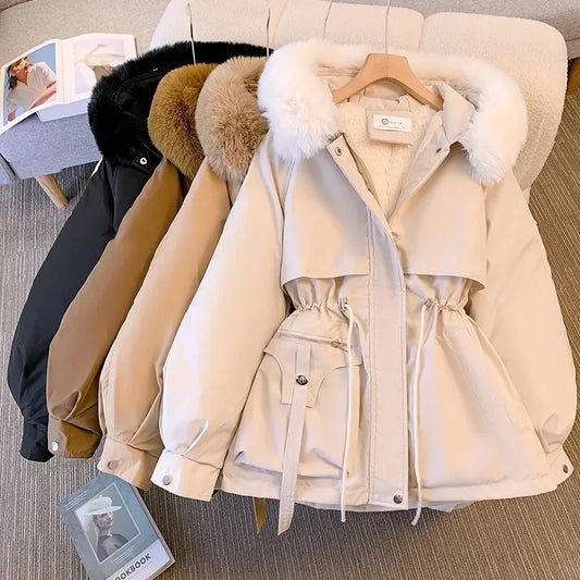 Veste d'hiver pour femme avec capuche bordée de fourrure et cordon de serrage - veste chaude de mi-saison