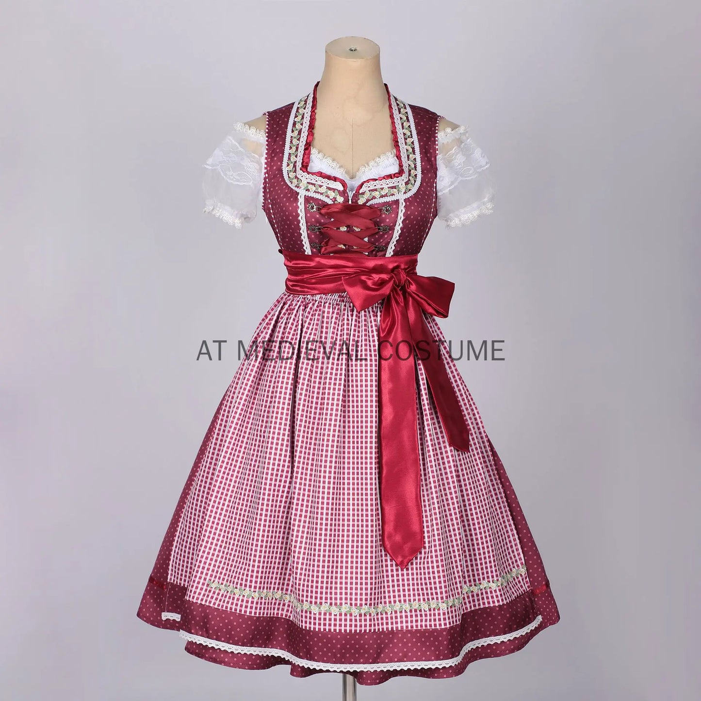 Dirndl Trachtenkleid für Damen, Weinrot mit weißer Bluse und Schürze, kariert/gepunktet