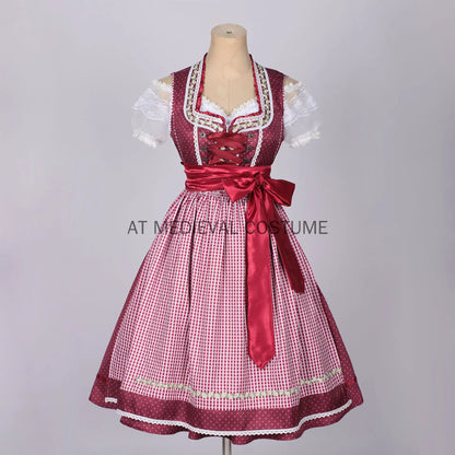 Dirndl Trachtenkleid für Damen, Weinrot mit weißer Bluse und Schürze, kariert/gepunktet