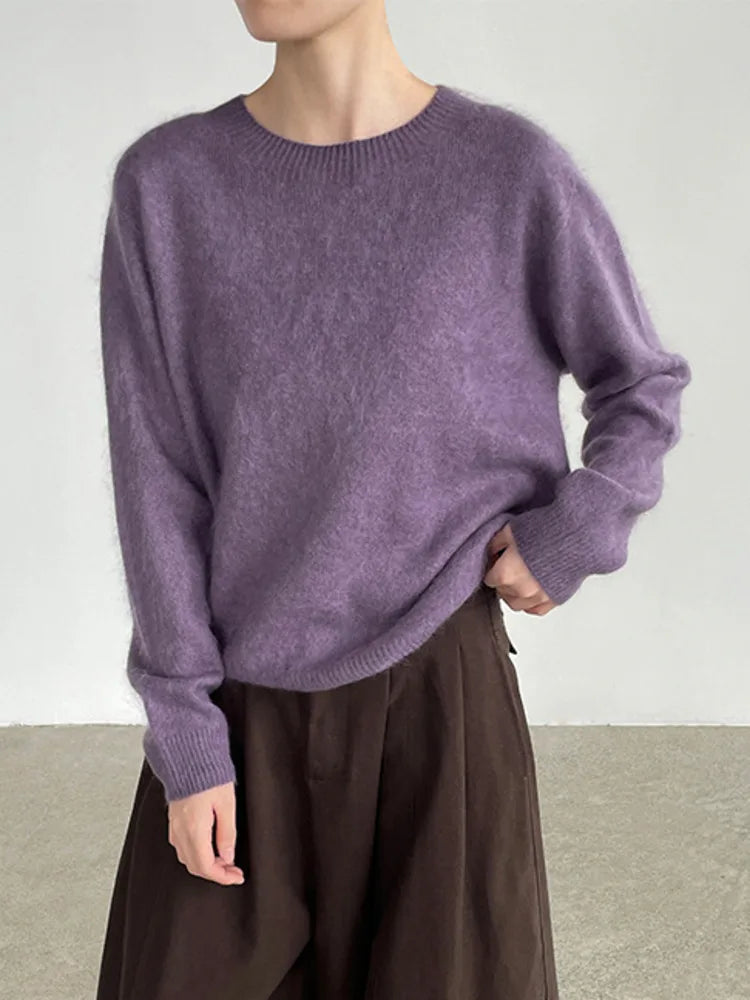 [LANMREM] Dames Fleece Gevoerde Ronde Hals Wollen Gebreide Trui Zachte Pluizige Slim Fit Sfeervolle Pullover Voor Herfst Winter 26E04076