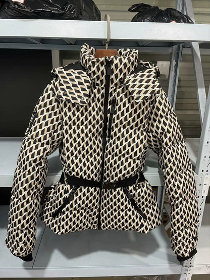 Damen Winterjacke Daunenjacke mit Gürtel Kapuze Schwarz
