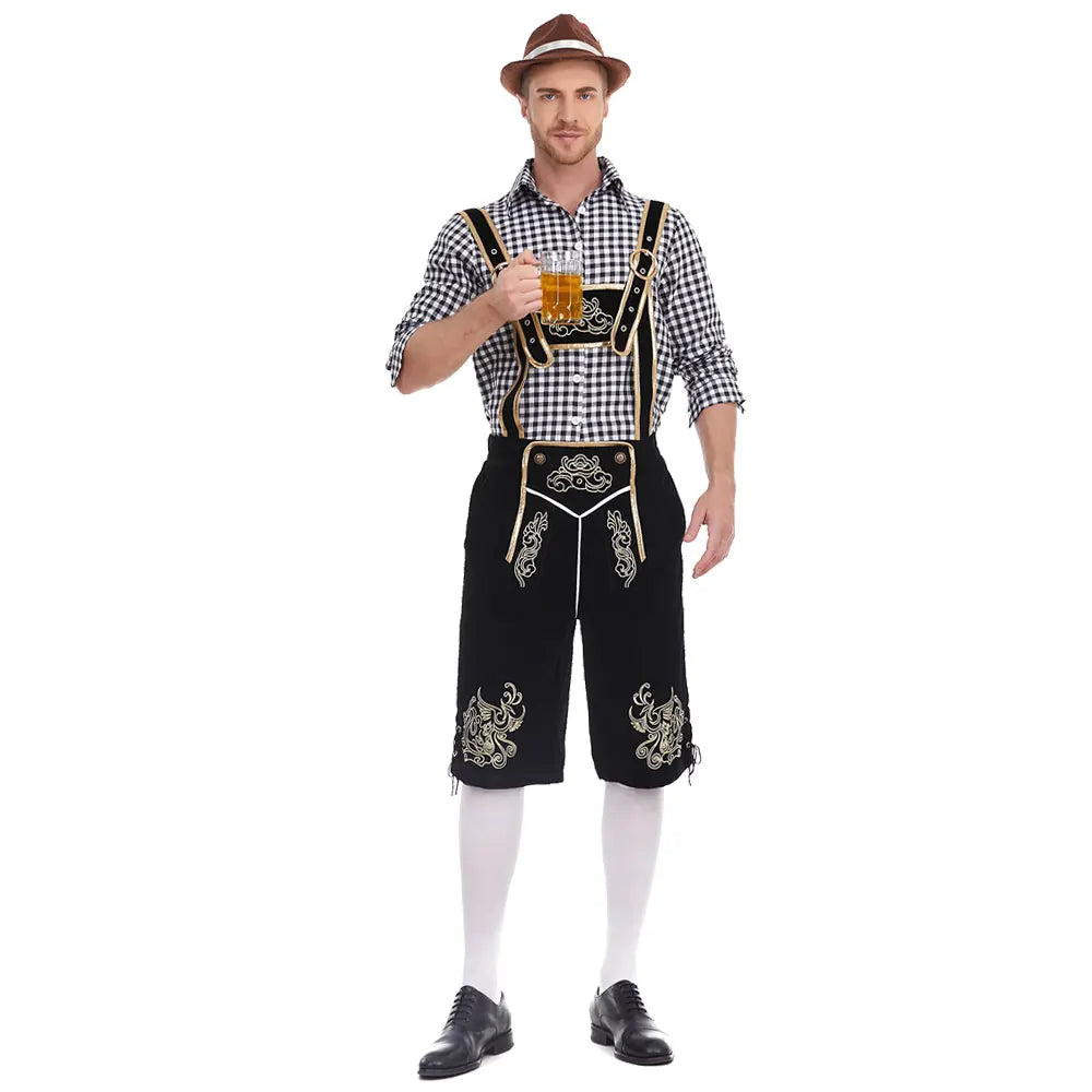 Herren Trachten Lederhose mit Hemd und Hosenträgern Geringeltes Karo-Muster