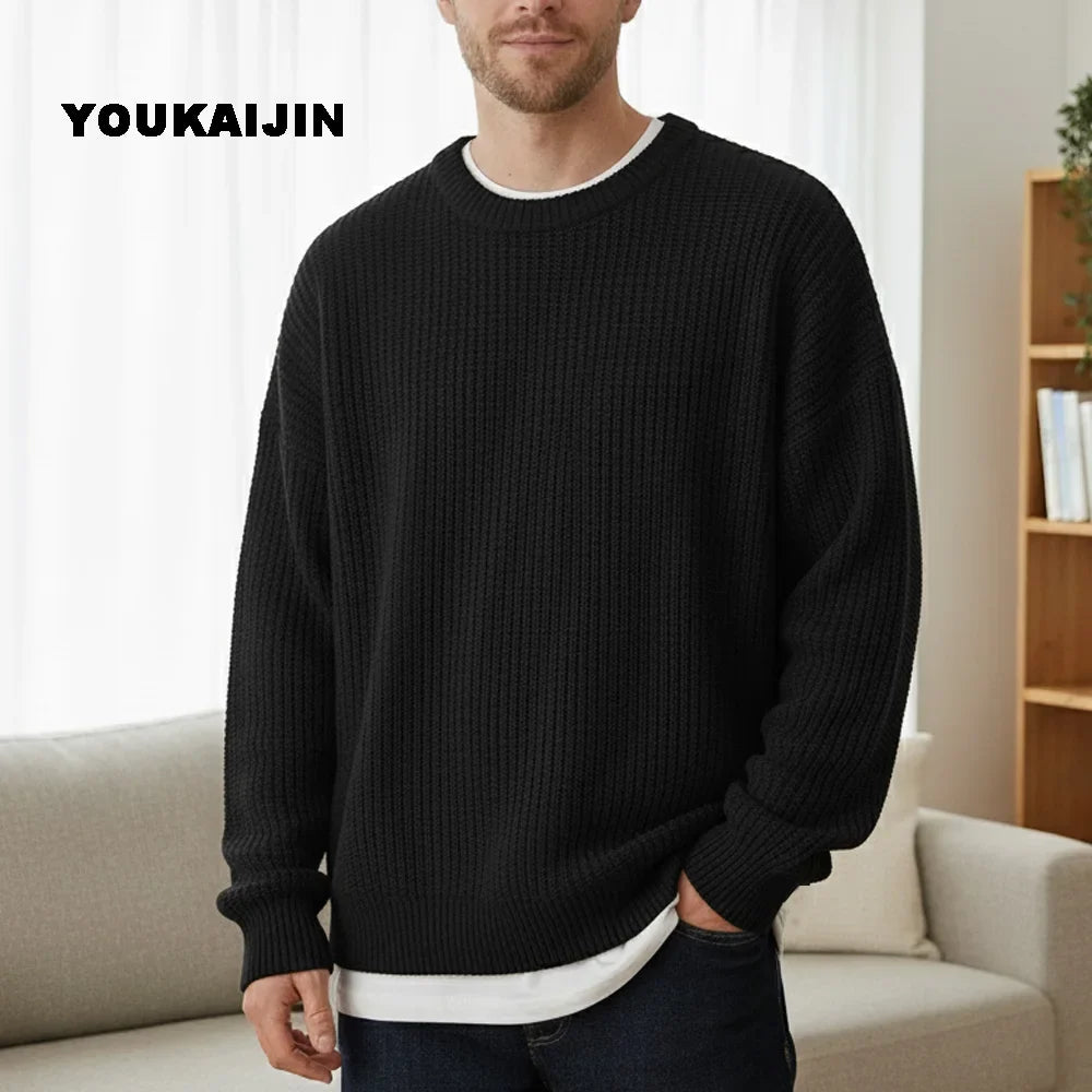 Pullover da uomo in maglia, girocollo, maglia grossa, tinta unita