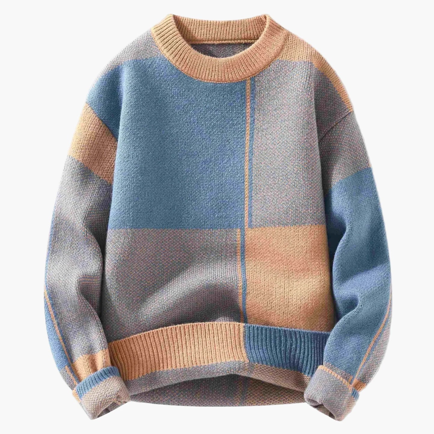 Herre sweater i moderne patchwork-stil – Komfortabel rundhalset sweater til fritid og hverdag
