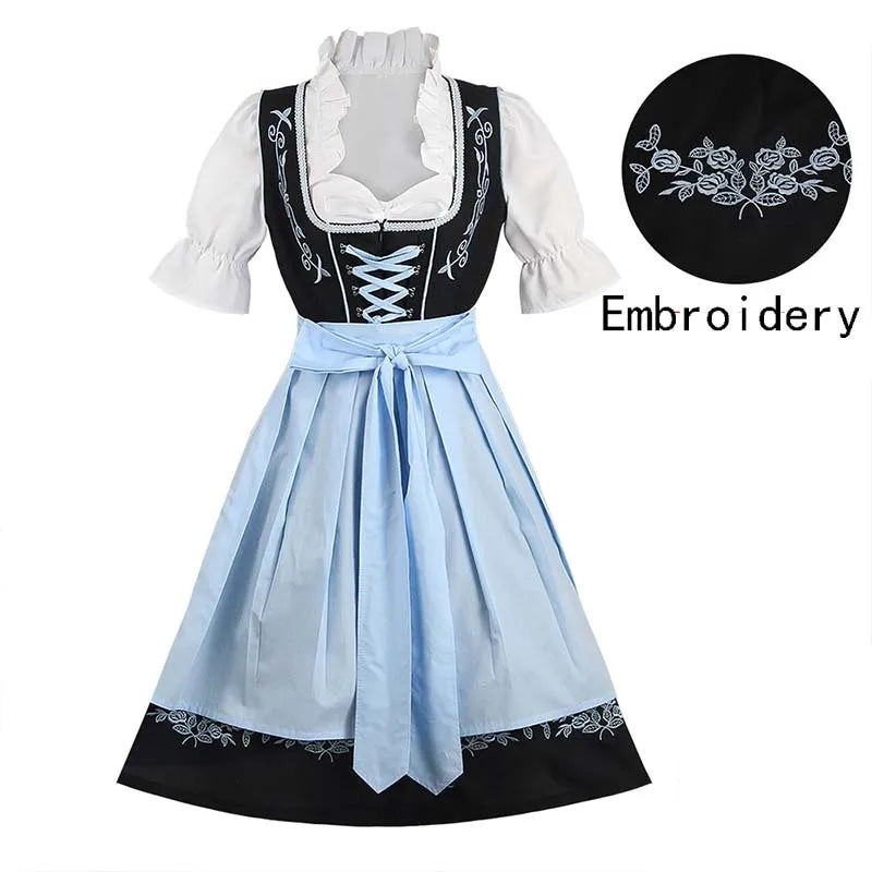 Robe traditionnelle dirndl pour femme avec tablier et blouse, noir et bleu avec broderies