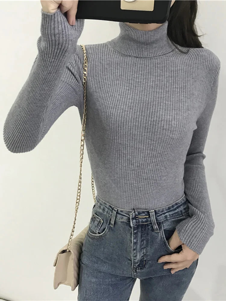 Damen Rollkragenpullover Rippstrick Slim Fit Langarmshirt