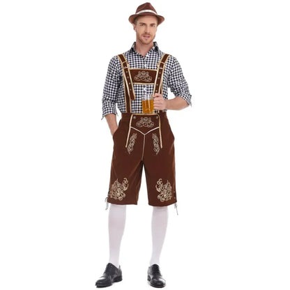 Herren Trachten Lederhose mit Hemd und Hosenträgern Geringeltes Karo-Muster