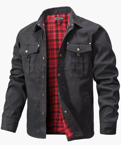 Męska kurtka shacket z flaneli z ociepleniem – overshirt w stylu western, kurtka przejściowa z zatrzaskami