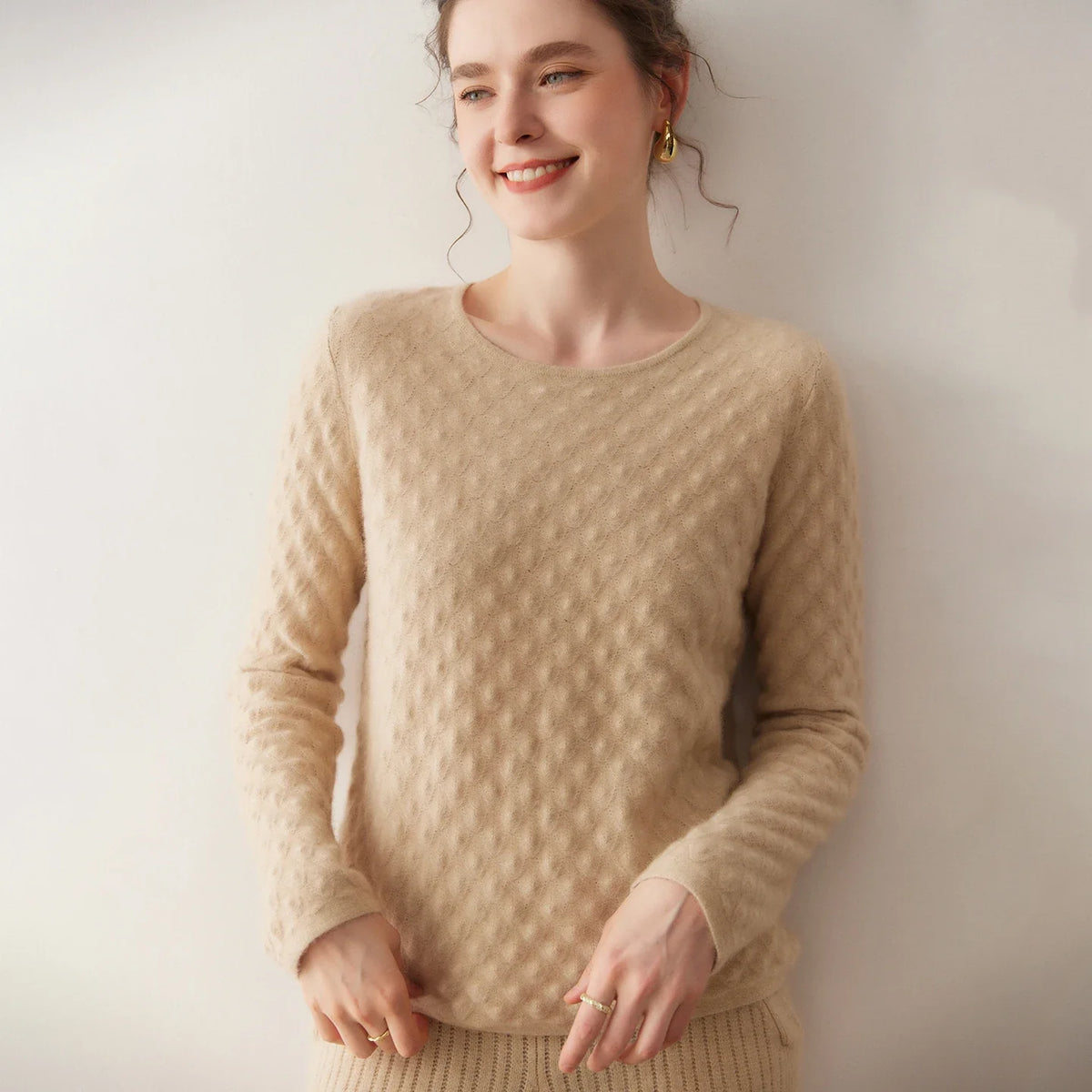 Damen Langarm Pullover mit Rundhalsausschnitt und Strukturmuster